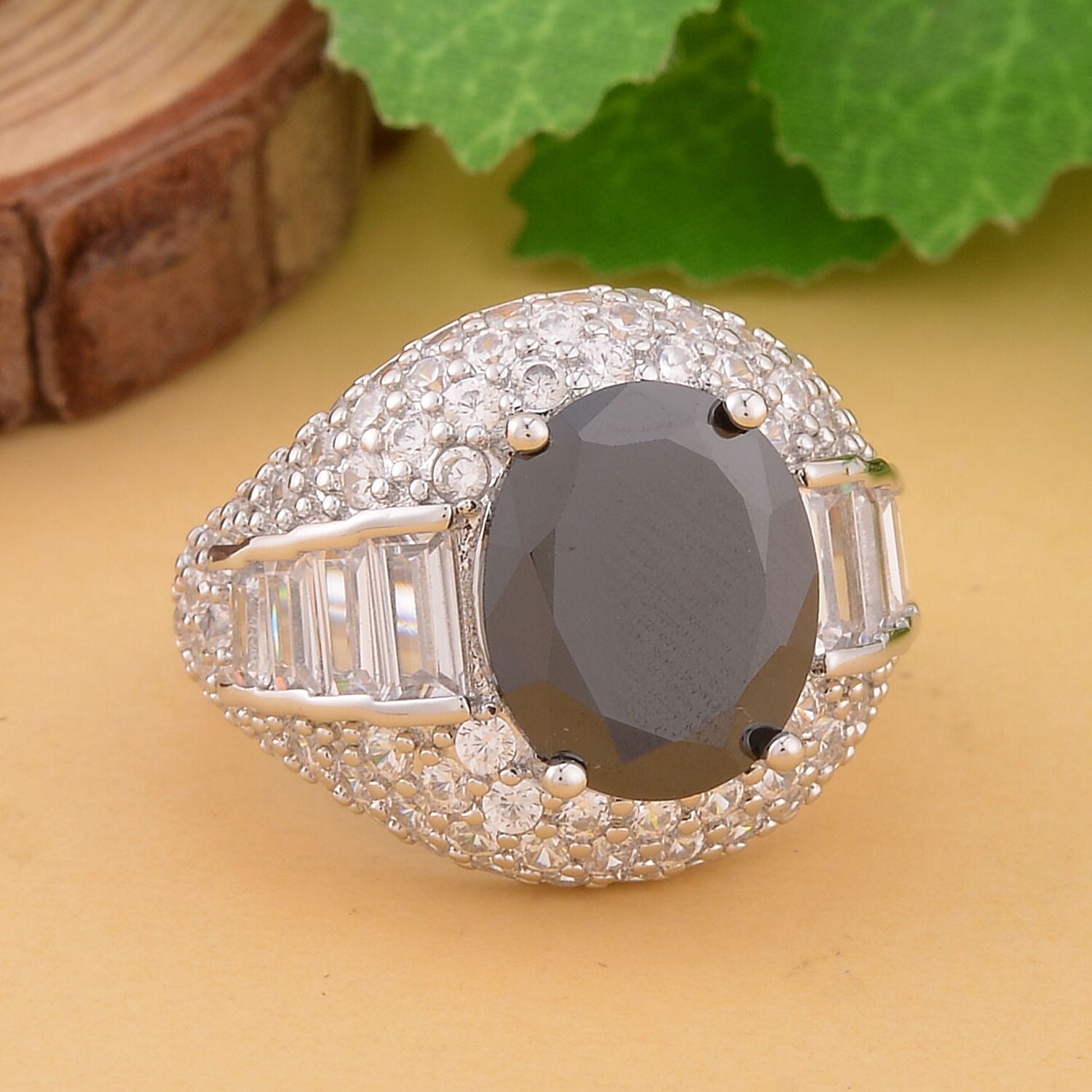 Simulated Black and White Diamond Ring in Silvertone (Size 8.0) 12.00 ctw