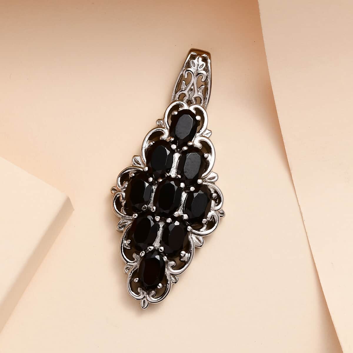 Thai Black Spinel Elongated Pendant in Stainless Steel 4.00 ctw , Tarnish-Free, Waterproof, Sweat Proof Jewelry image number 1
