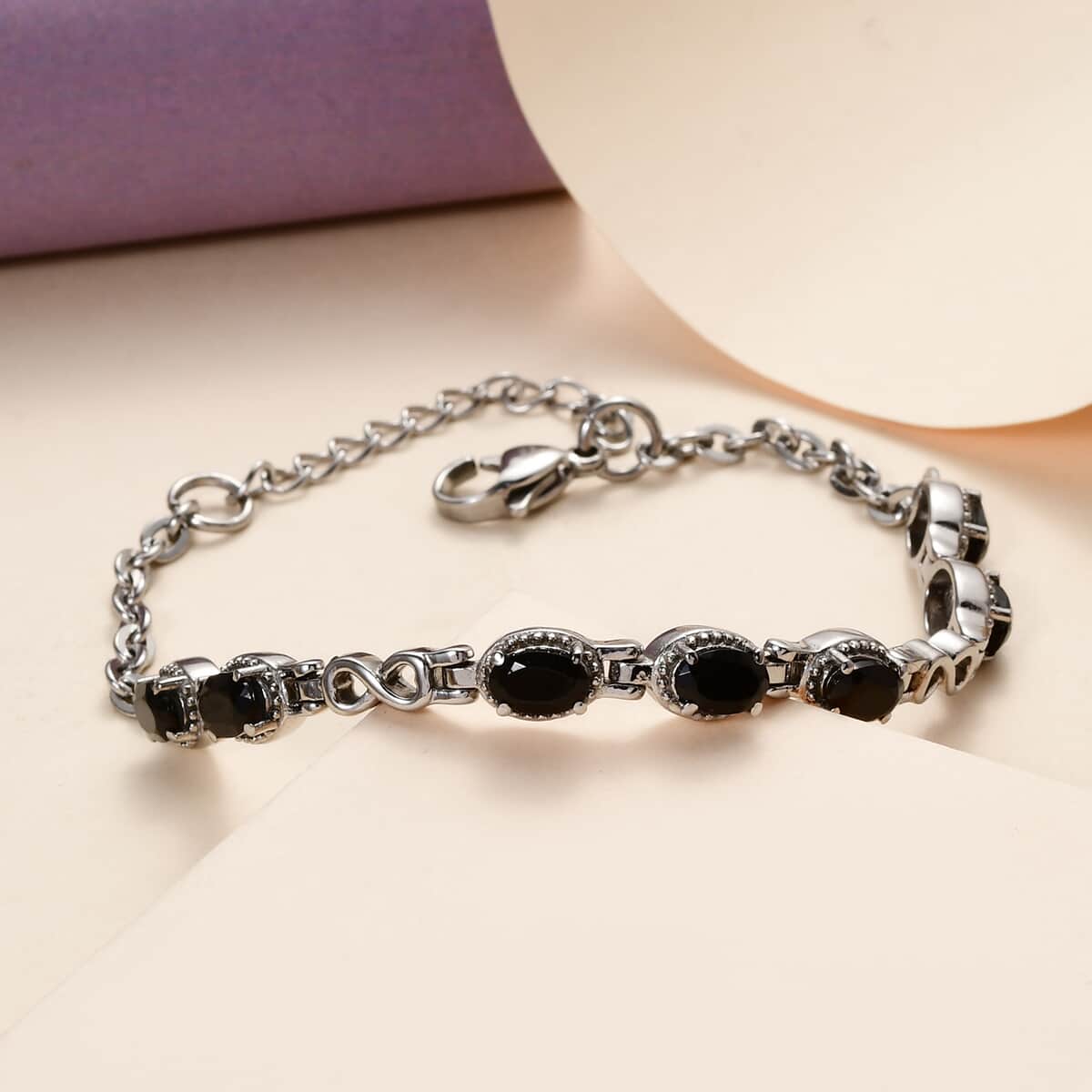 Thai Black Spinel Bracelet in Stainless Steel (6.50 In) 4.40 ctw , Tarnish-Free, Waterproof, Sweat Proof Jewelry image number 1