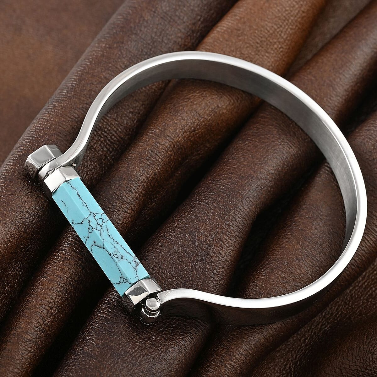 Constituted Blue Howlite Bangle Bracelet in Stainless Steel (8.00 In) 20.00 ctw , Tarnish-Free, Waterproof, Sweat Proof Jewelry image number 1