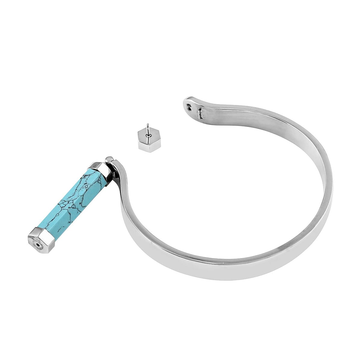 Constituted Blue Howlite Bangle Bracelet in Stainless Steel (8.00 In) 20.00 ctw , Tarnish-Free, Waterproof, Sweat Proof Jewelry image number 3