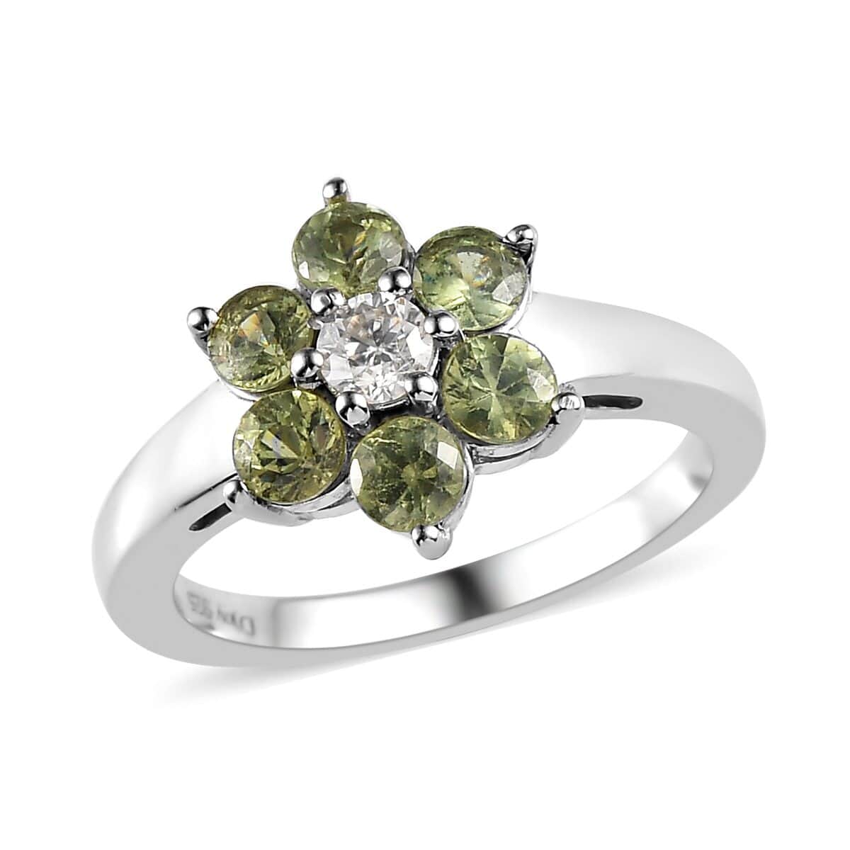 Natural Ambanja Demantoid Garnet, Moissanite Floral Ring in Platinum Over Sterling Silver (Size 10.0) 1.10 ctw image number 0