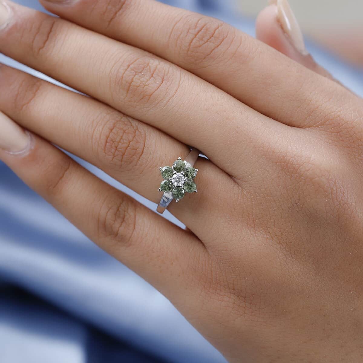 Natural Ambanja Demantoid Garnet, Moissanite Floral Ring in Platinum Over Sterling Silver (Size 10.0) 1.10 ctw image number 1