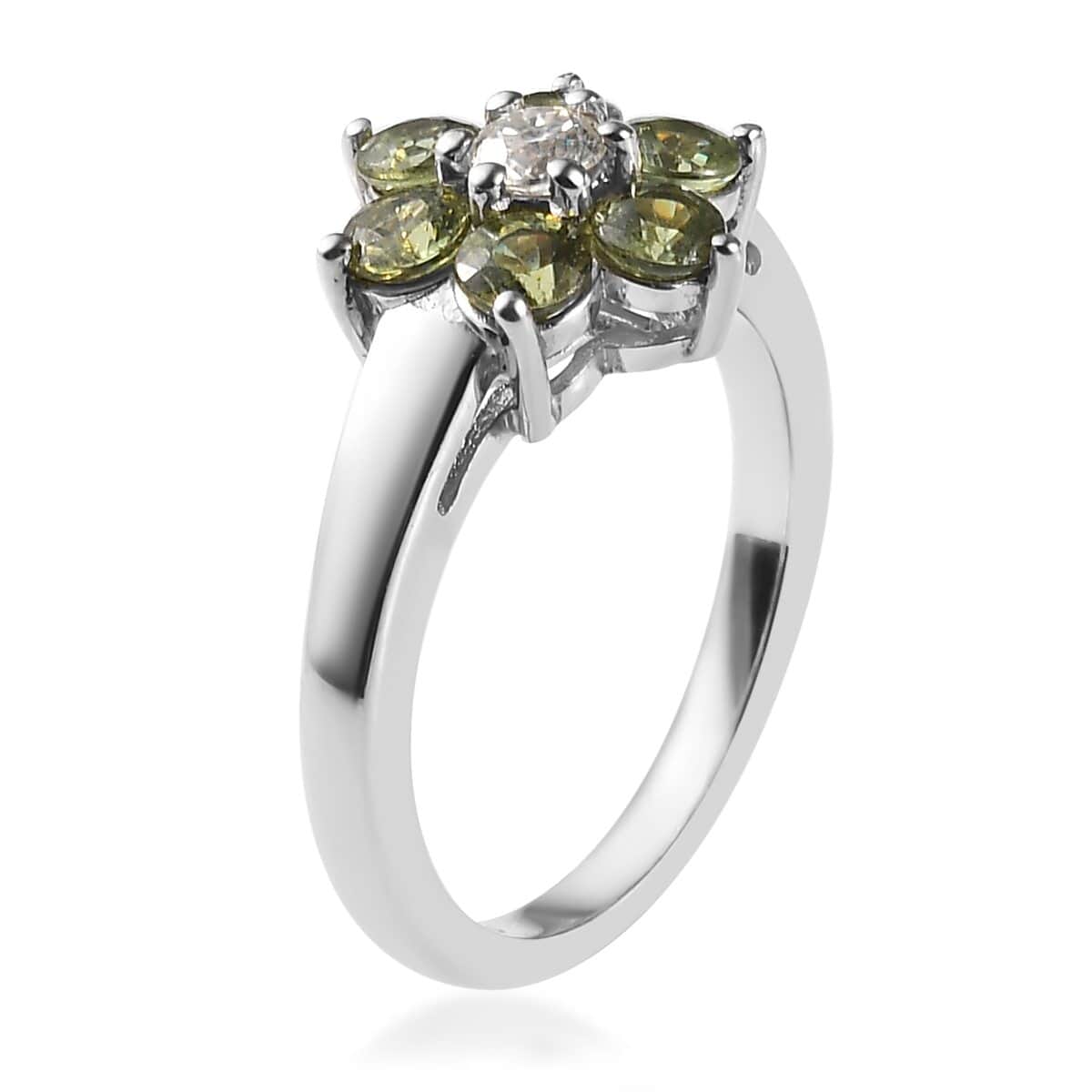 Natural Ambanja Demantoid Garnet, Moissanite Floral Ring in Platinum Over Sterling Silver (Size 10.0) 1.10 ctw image number 2
