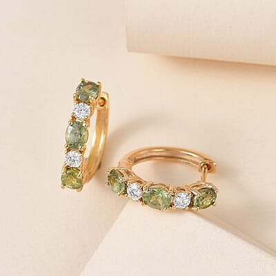 Ambanja Demantoid Garnet and Moissanite 3.25 ctw Hoop Earrings in Vermeil Yellow Gold Over Sterling Silver