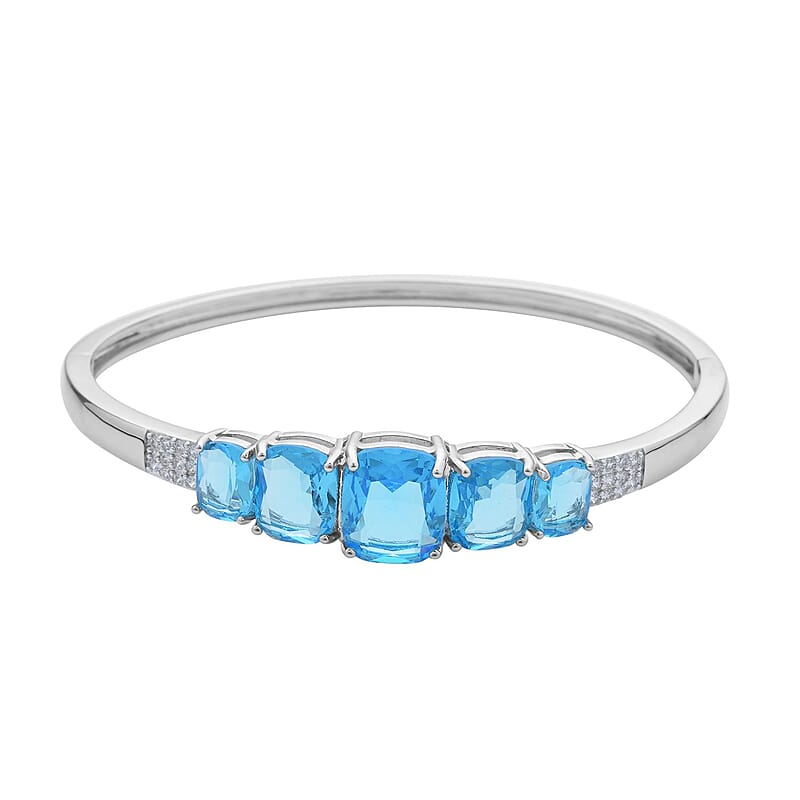 Simulated Aquamarine and Simulated Diamond Bangle Bracelet in Silvertone (6.50 In) 0.55 ctw