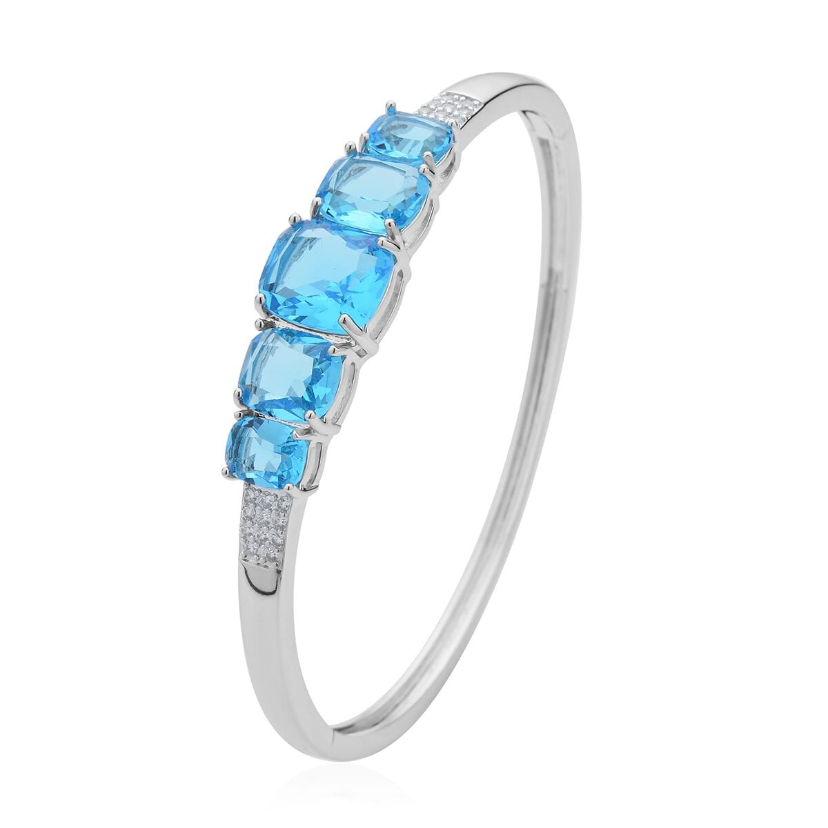 Simulated Aquamarine and Simulated Diamond Bangle Bracelet in Silvertone (6.50 In) 0.55 ctw image number 2