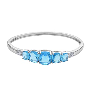 Simulated Aquamarine and Simulated Diamond Bangle Bracelet in Silvertone (7.25 In) 0.55 ctw