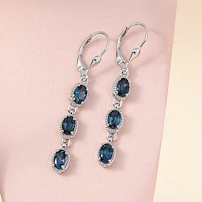 London Blue Topaz Dangling Earrings in Platinum Over Sterling Silver 3.15 ctw