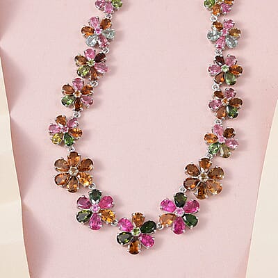 Multi-Tourmaline Floral Necklace 18 Inches in Platinum Over Sterling Silver 26.15 ctw