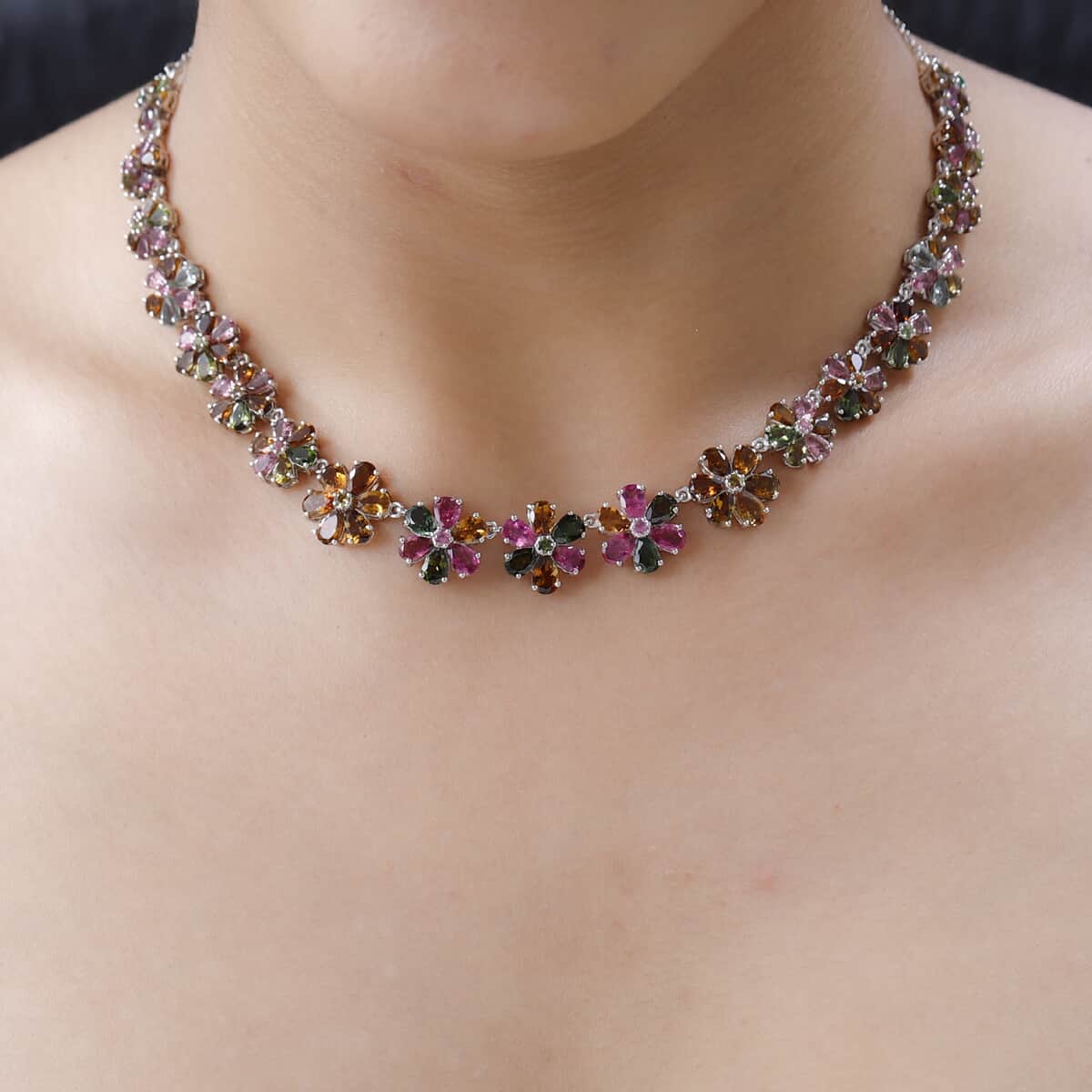 Multi-Tourmaline Floral Necklace 18 Inches in Platinum Over Sterling Silver 26.15 ctw image number 2