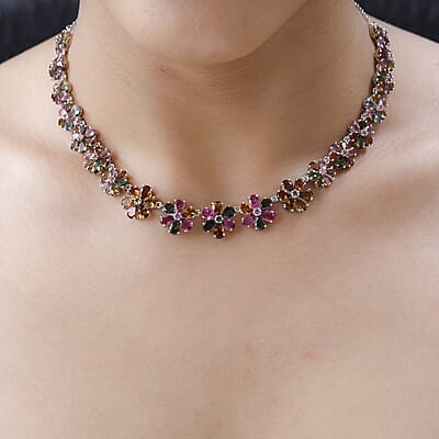 Multi-Tourmaline Floral Necklace 18 Inches in Platinum Over Sterling Silver 26.15 ctw