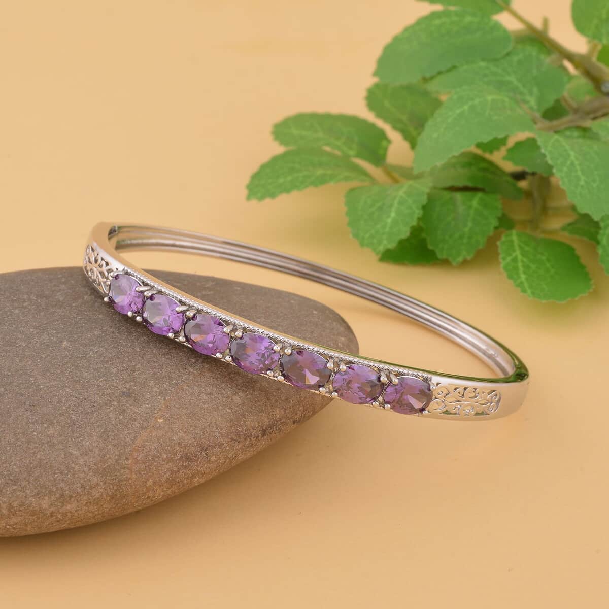 Simulated Purple Diamond Bangle Bracelet in Silvertone (6.0 In) 13.75 ctw image number 1