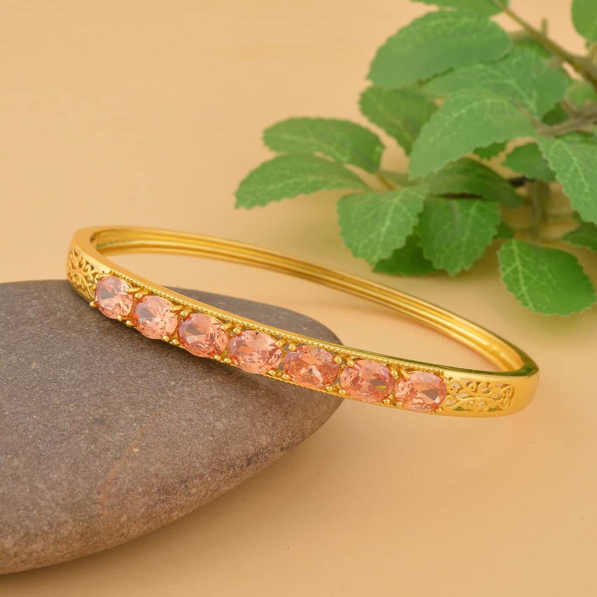 Simulated Champagne Diamond Bangle Bracelet in Goldtone (7.25 In) 13.75 ctw image number 1