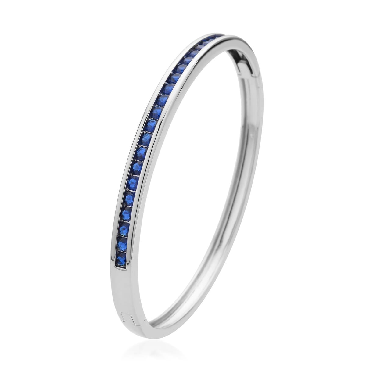 Simulated Blue Sapphire Color Diamond Bangle Bracelet in Silvertone (6.00 in) 2.85 ctw image number 3