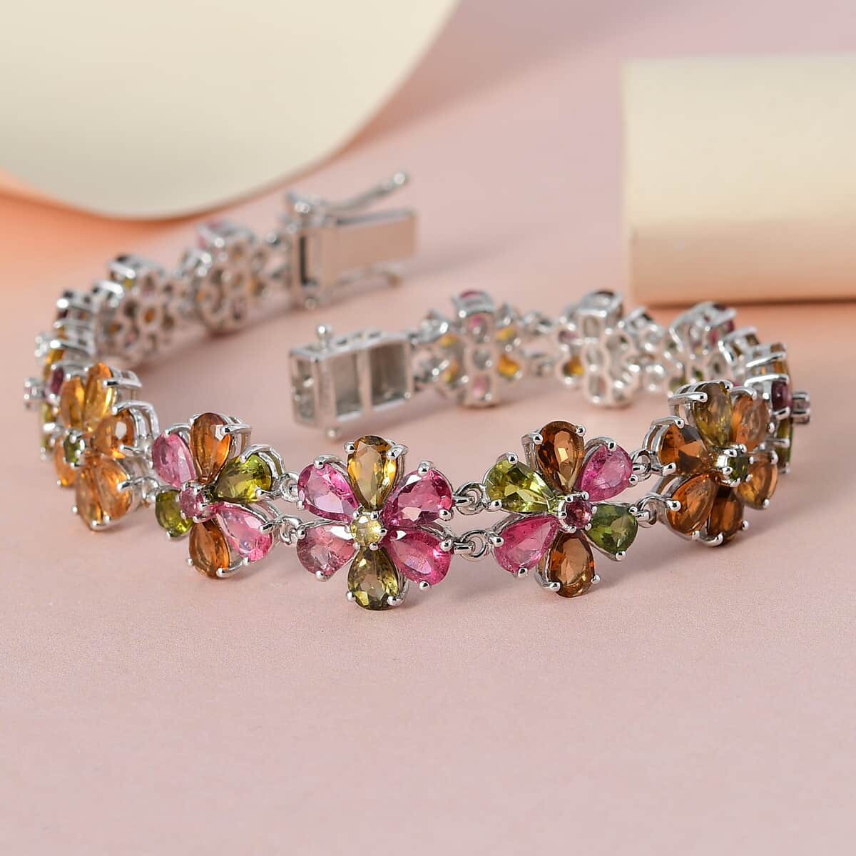 Multi-Tourmaline Floral Bracelet in Platinum Over Sterling Silver (7.25 In) 16 Grams 19.35 ctw image number 1