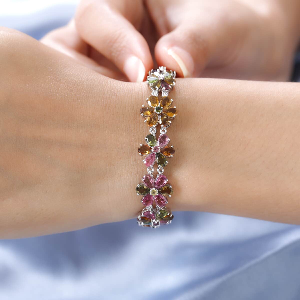 Multi-Tourmaline Floral Bracelet in Platinum Over Sterling Silver (7.25 In) 16 Grams 19.35 ctw image number 2