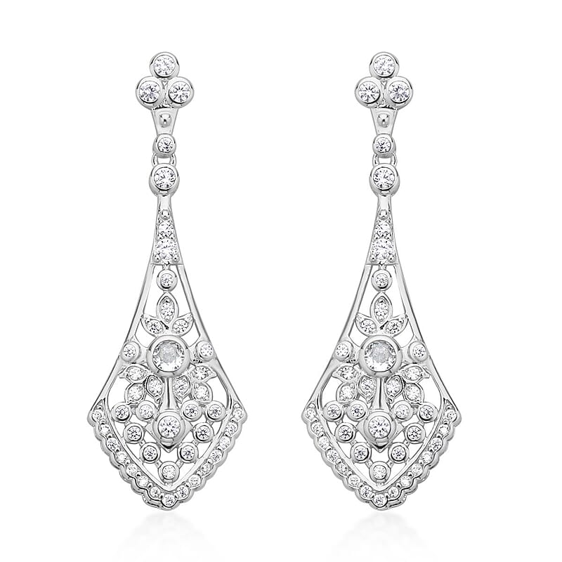 Simulated Diamond Dangle Earrings in Silvertone 2.00 ctw