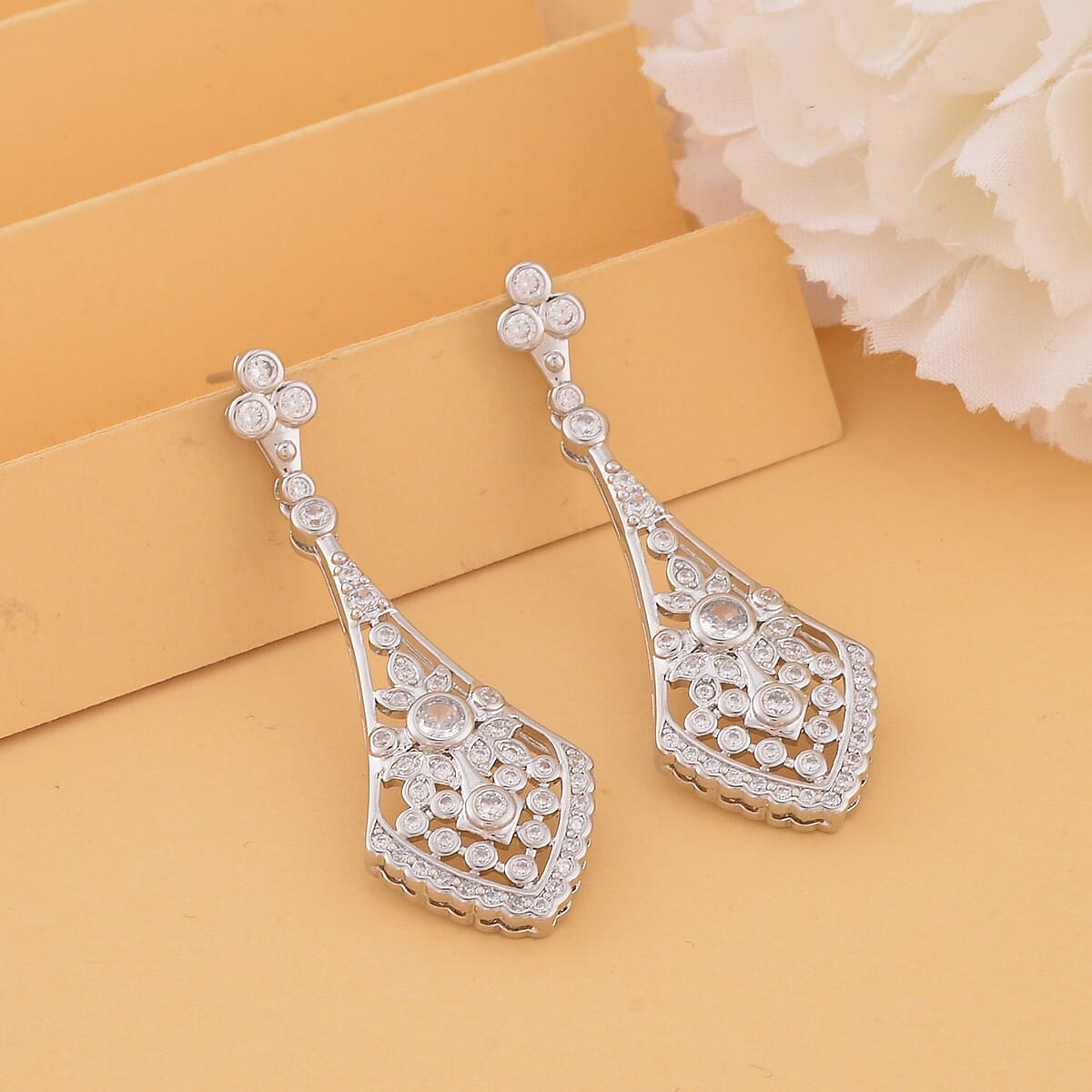 Simulated Diamond Dangle Earrings in Silvertone 2.00 ctw image number 1