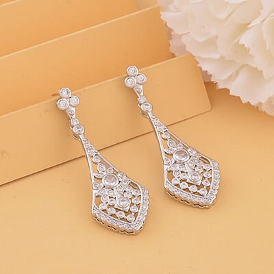 Simulated Diamond Dangle Earrings in Silvertone 2.00 ctw