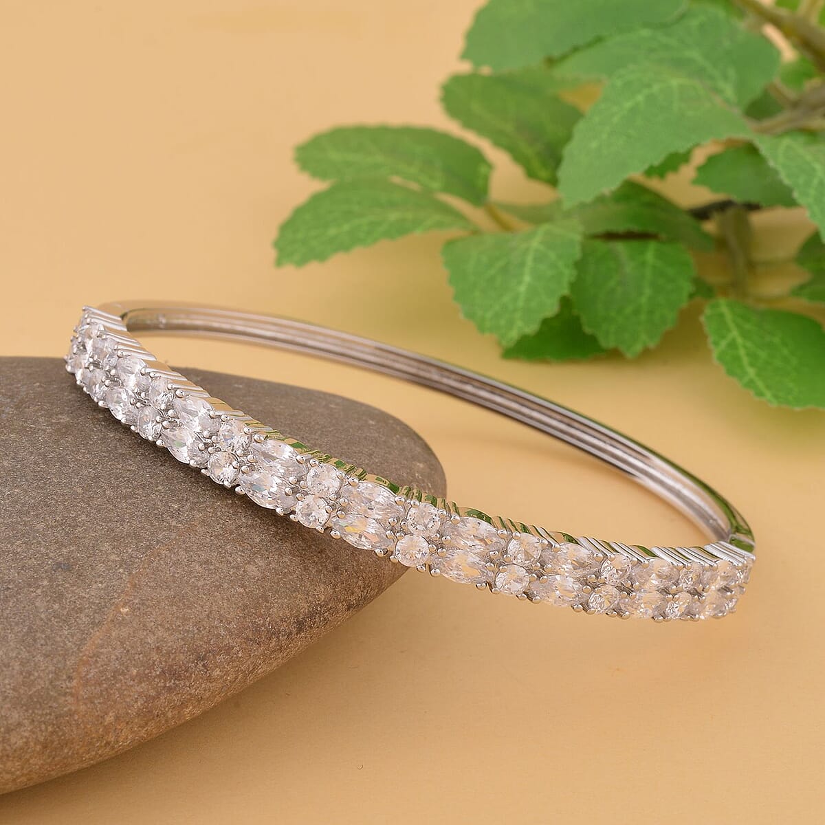 Simulated Diamond Bangle Bracelet in Silvertone (7.25 In) 11.65 ctw image number 1