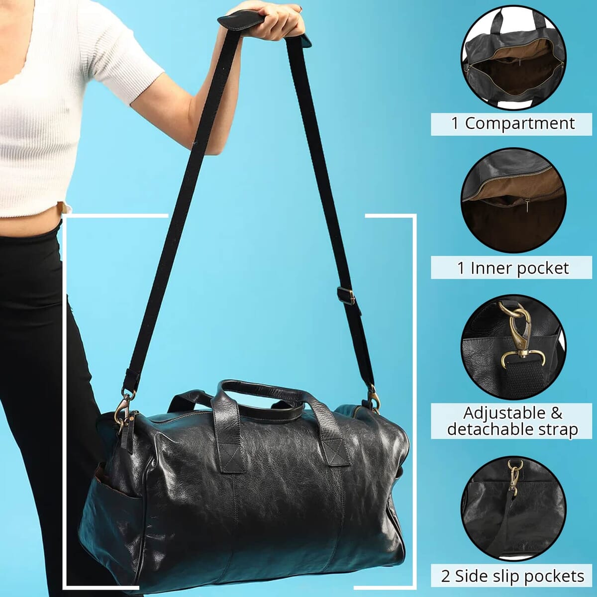 100% Genuine Leather Luggage Duffle Bag  SIZE: 20(L)x10(W)x10(H)Inches  COLOR: Black image number 1