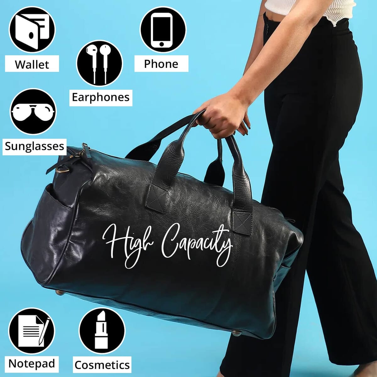 100% Genuine Leather Luggage Duffle Bag  SIZE: 20(L)x10(W)x10(H)Inches  COLOR: Black image number 2
