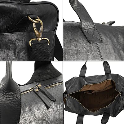 Genuine Leather Duffle Bag , Black Duffle Bag , Travel Leather Bag with Handle Drop, Luggage Duffle Bag, Duffle Bag For Gym with Detachable and Adjustable Shoulder Strap