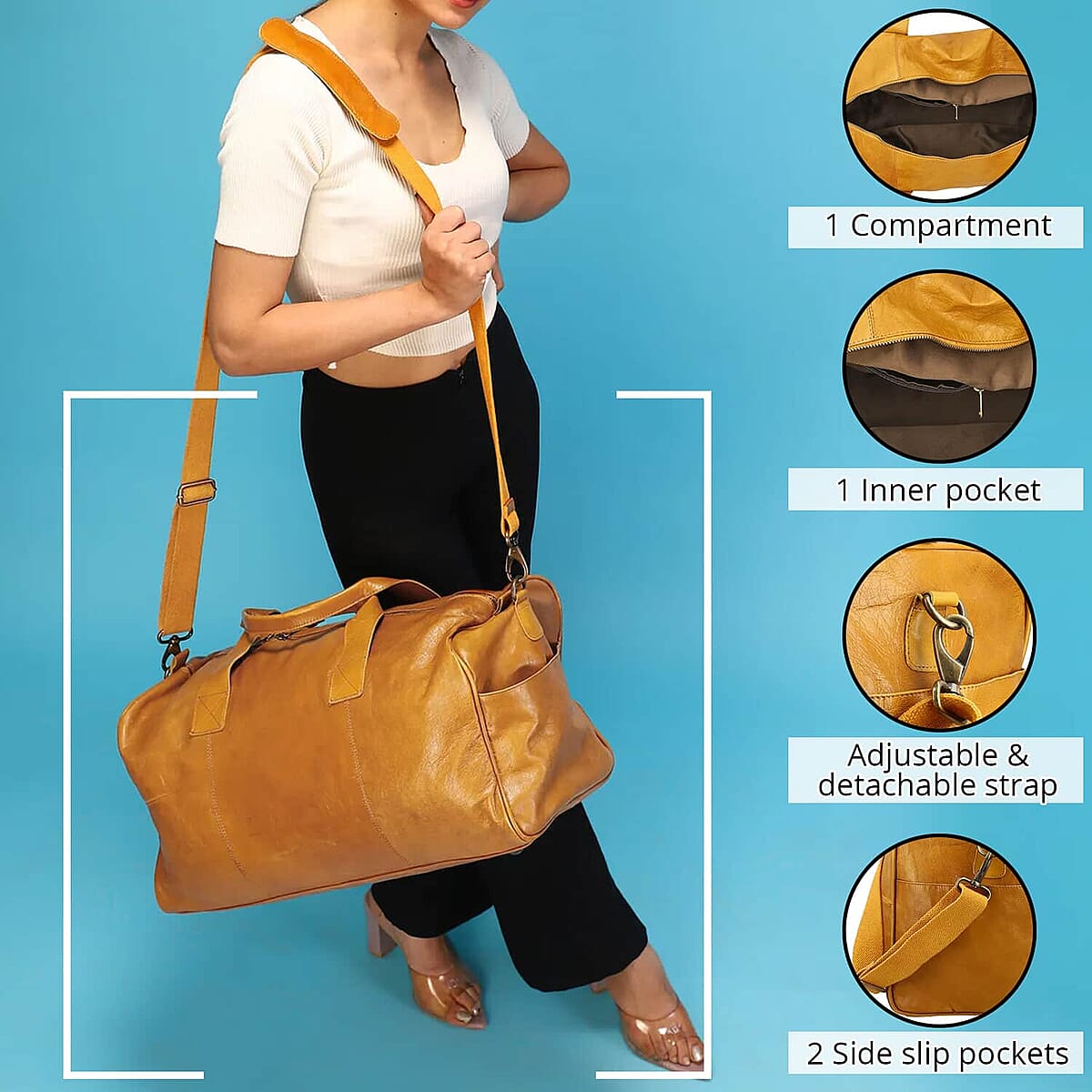 Genuine Leather Duffle Bag, Tan Duffle Bag, Travel Leather Bag with Handle Drop, Luggage Duffle Bag, Duffle Bag For Gym with Detachable and Adjustable Shoulder Strap image number 1
