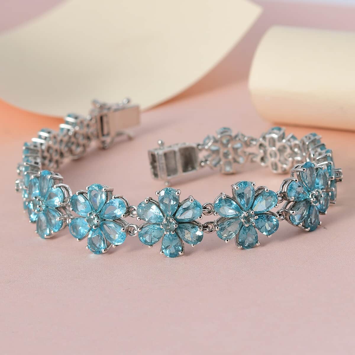 Madagascar Paraiba Apatite Floral Bracelet in Platinum Over Sterling Silver (7.25 In) 25.35 ctw image number 1