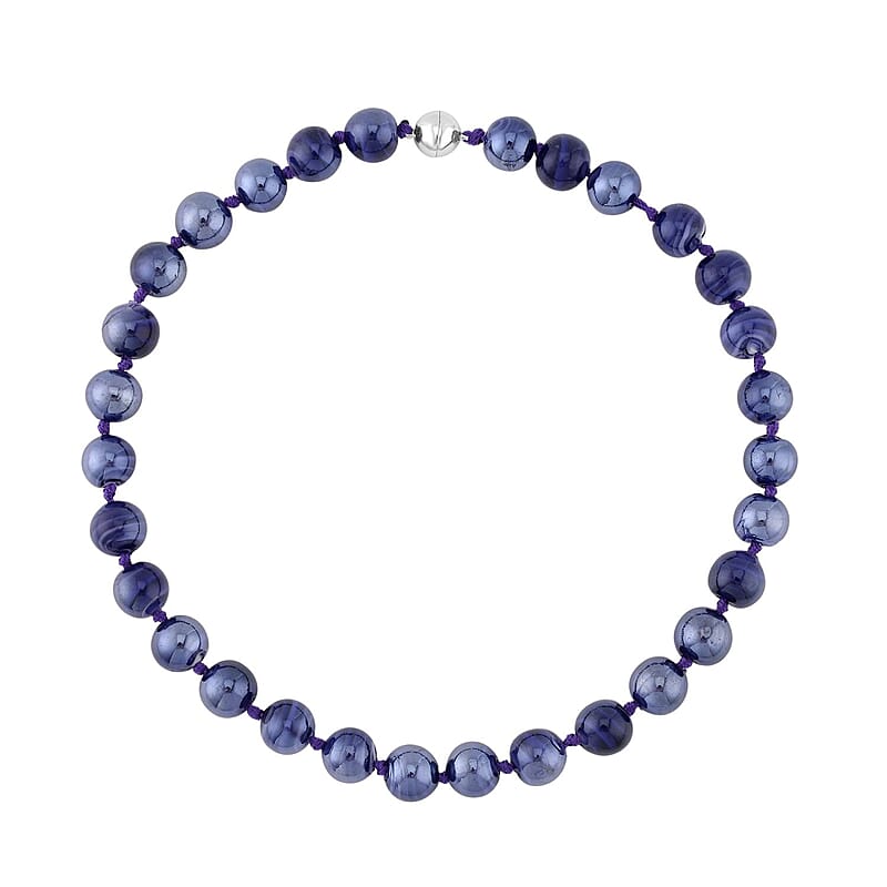 Purple Color Beaded Knotted Necklace with Magnetic Lock in Silvertone 20 Inches