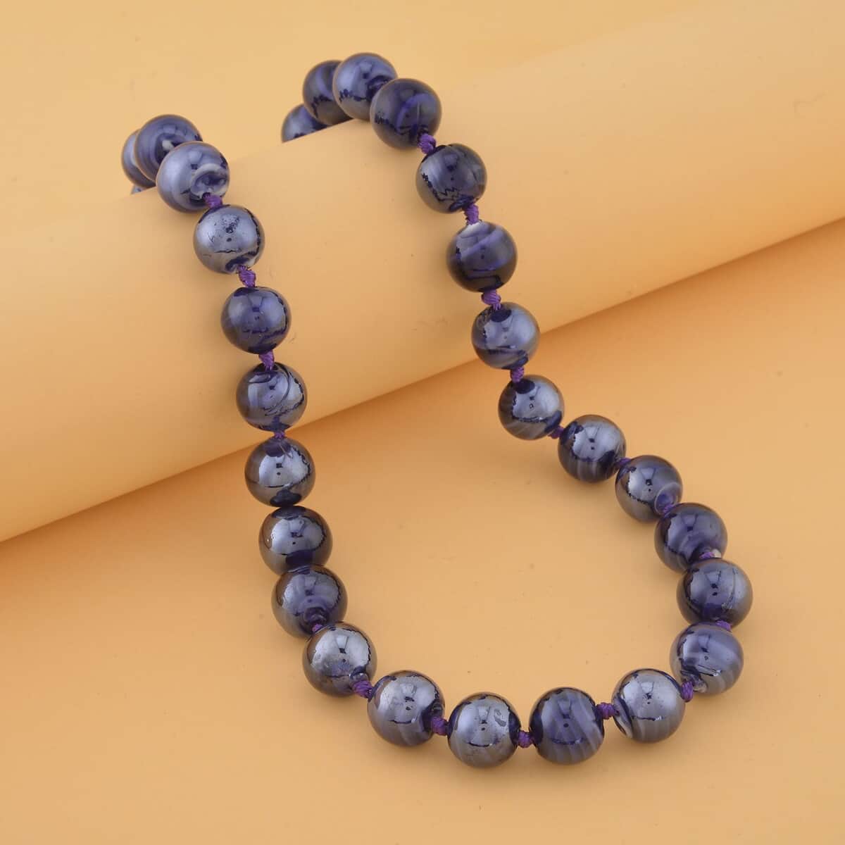 Purple Color Murano Style Beaded Knotted Necklace 20 Inches with Magnetic Lock in Silvertone image number 1