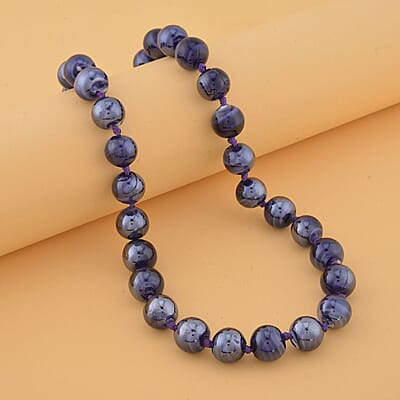 Purple Color Beaded Knotted Necklace with Magnetic Lock in Silvertone 20 Inches