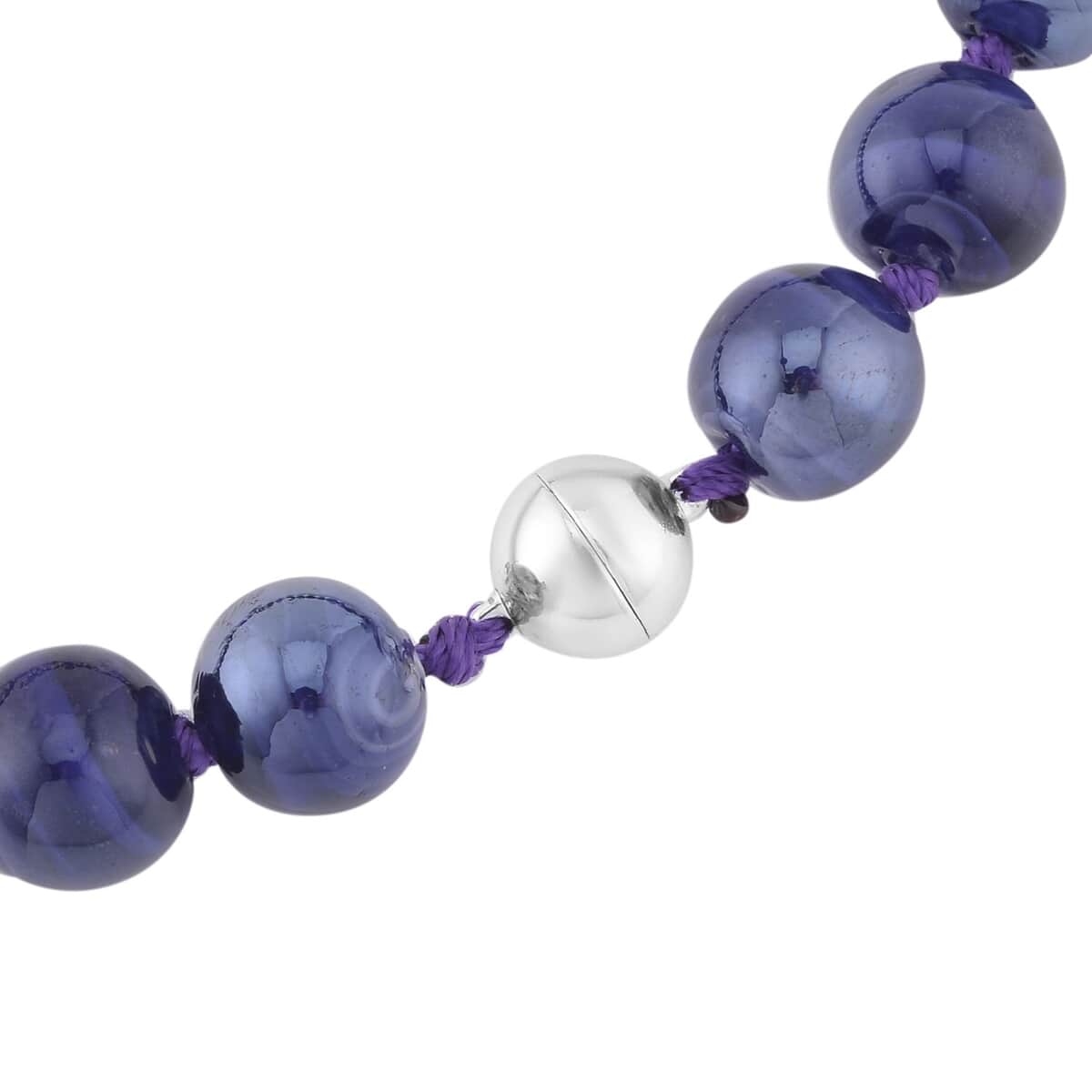 Purple Color Murano Style Beaded Knotted Necklace 20 Inches with Magnetic Lock in Silvertone image number 3