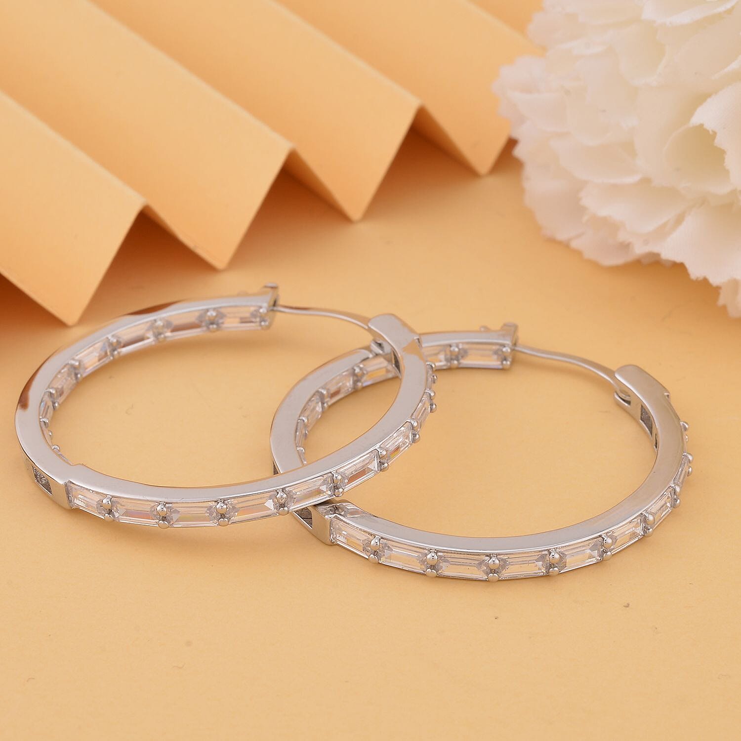 Simulated Diamond Hoop Earrings in Silvertone 11.00 ctw