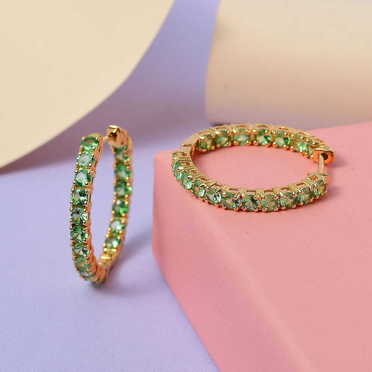 Premium Tsavorite Garnet Tennis Inside Out Hoop Earrings in Vermeil Yellow Gold Over Sterling Silver 4.85 ctw image number 1