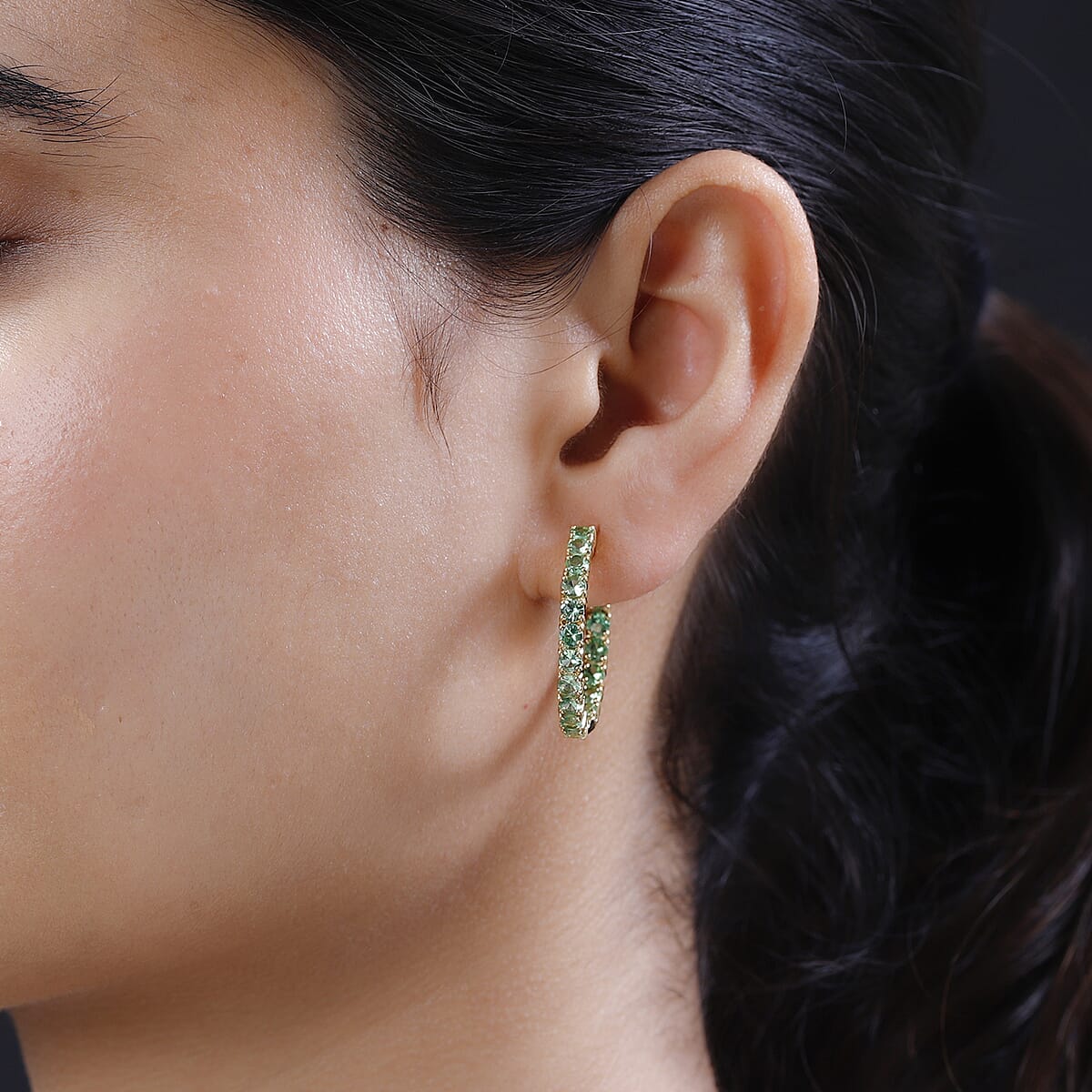 Premium Tsavorite Garnet Tennis Inside Out Hoop Earrings in Vermeil Yellow Gold Over Sterling Silver 4.85 ctw image number 2
