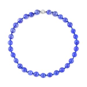 Blue Color Murano Style Beaded Knotted Necklace with Magnetic Lock in Silvertone 20 Inches