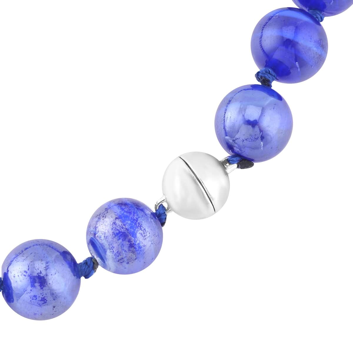 Blue Color Murano Style Beaded Knotted Necklace with Magnetic Lock in Silvertone 20 Inches image number 3