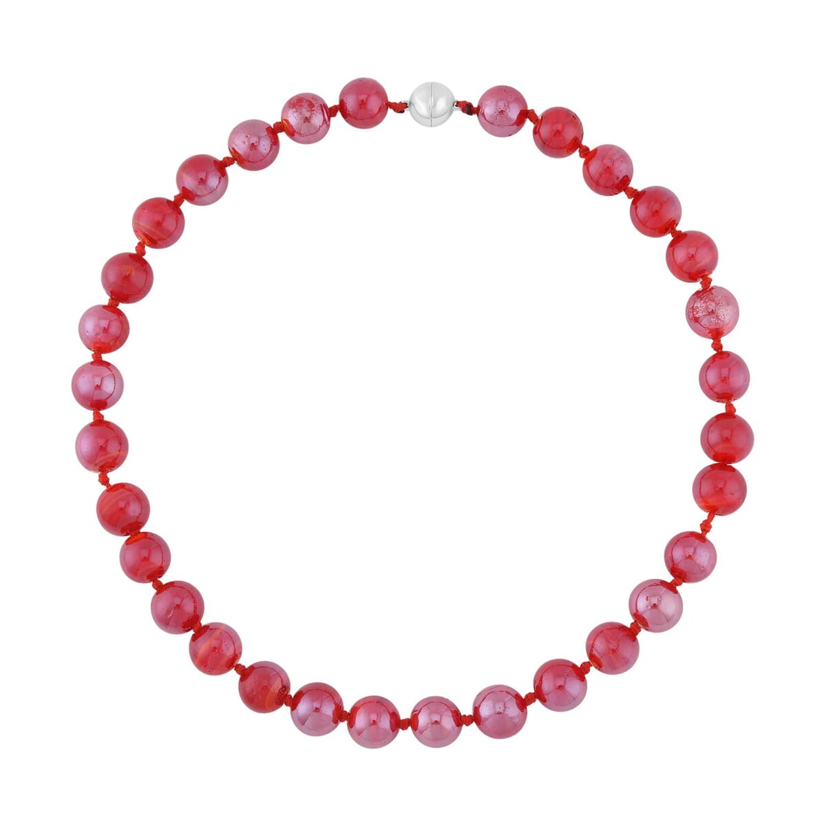 Red Color Murano Style Beaded Knotted Necklace with Magnetic Lock in Silvertone 20 Inches image number 0