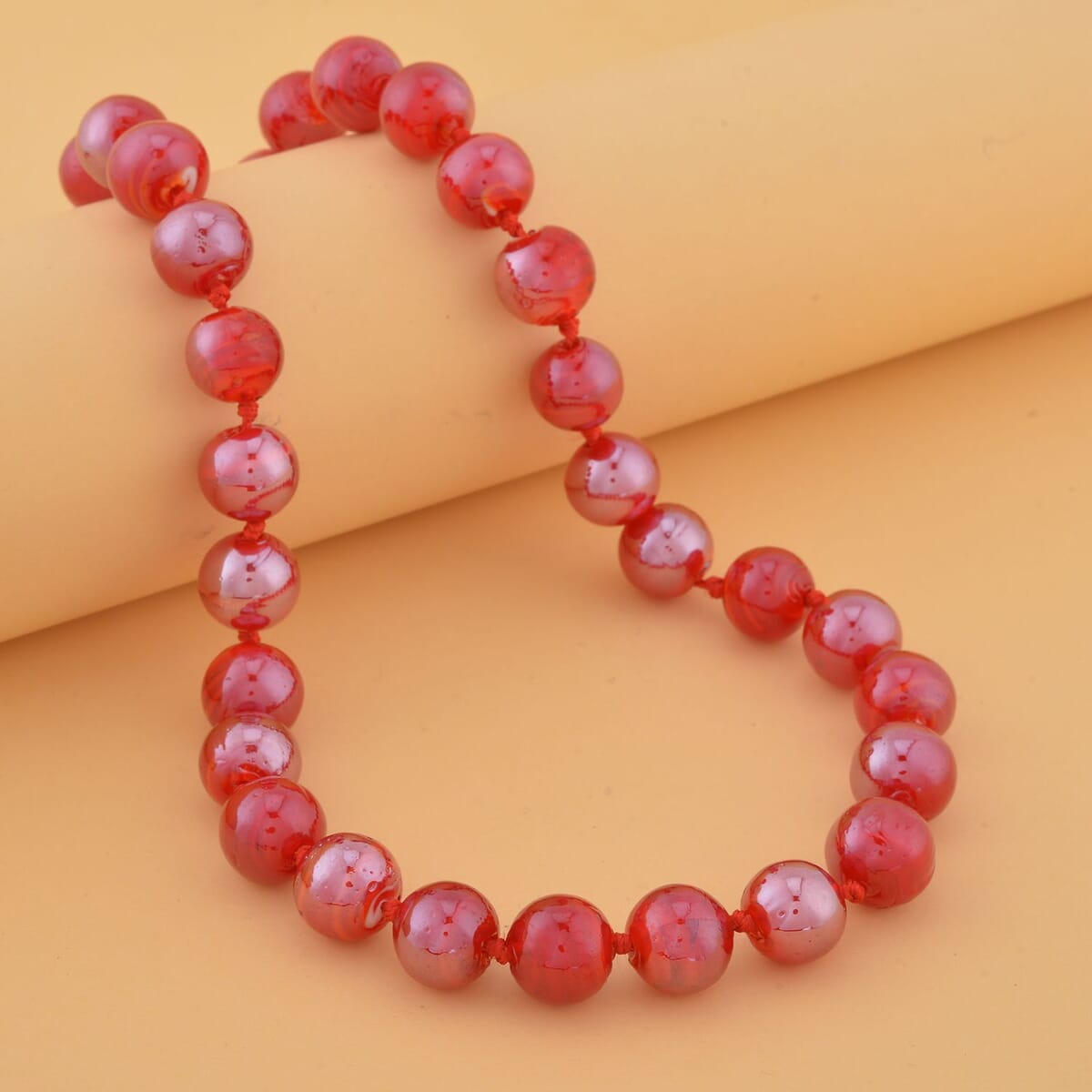 Red Color Murano Style Beaded Knotted Necklace with Magnetic Lock in Silvertone 20 Inches image number 1