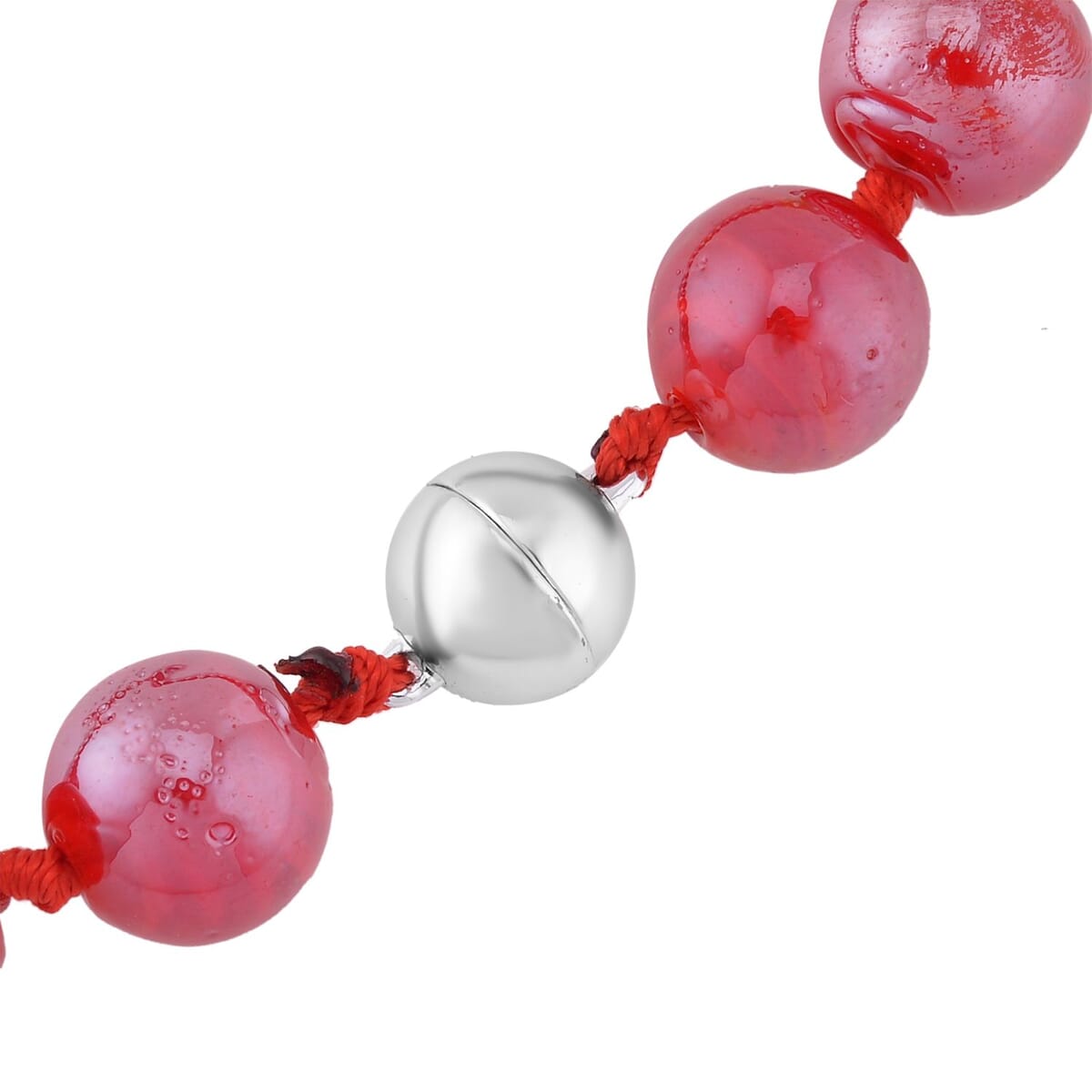 Red Color Murano Style Beaded Knotted Necklace with Magnetic Lock in Silvertone 20 Inches image number 3