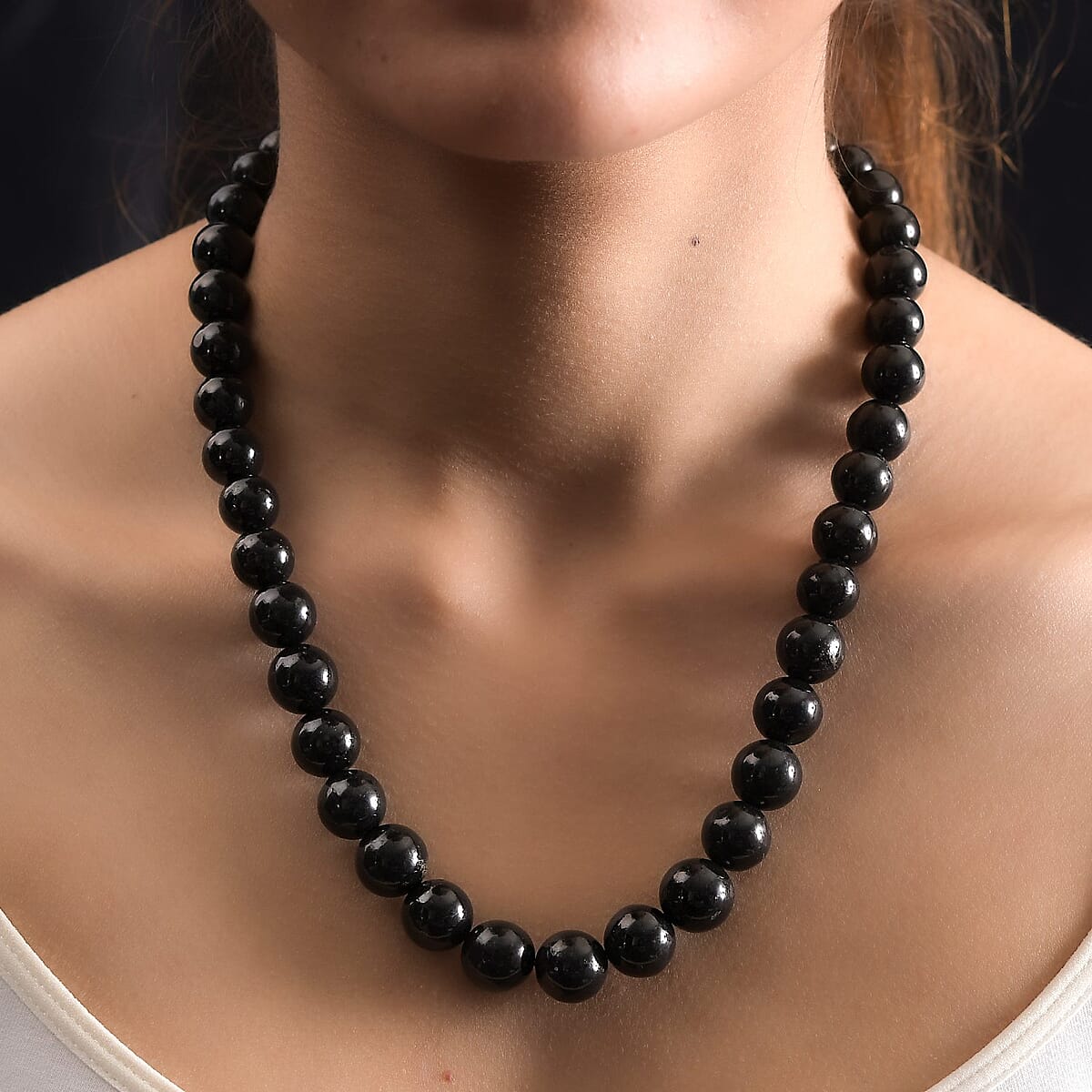 Black Shungite Beaded Necklace (20 Inches) in Stainless Steel 408.85 ctw | Tarnish-Free, Waterproof, Sweat Proof Jewelry image number 2