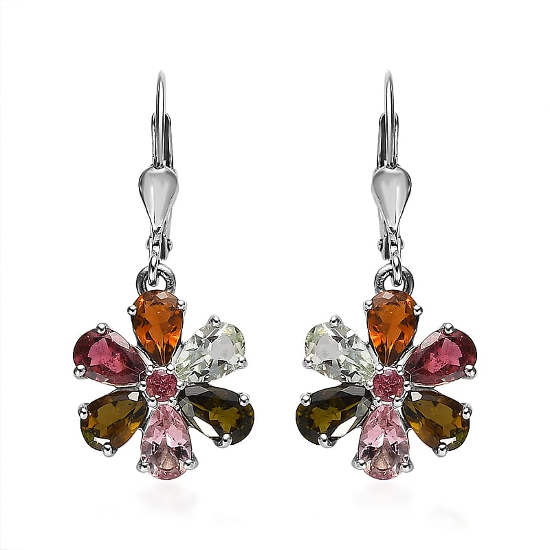 Multi-Tourmaline Floral Earrings in Platinum Over Sterling Silver 4.25 ctw