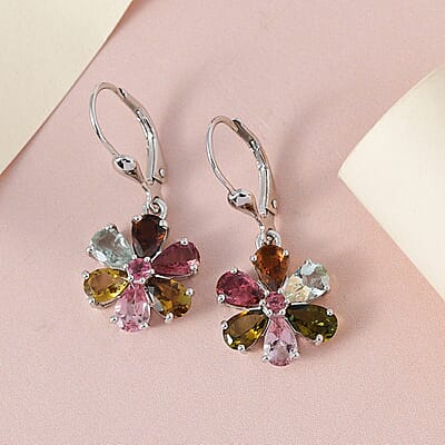 Multi-Tourmaline Floral Earrings in Platinum Over Sterling Silver 4.25 ctw