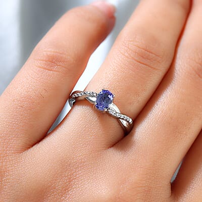 Tanzanite and White Zircon 1.00 ctw Ring in Platinum Over Sterling Silver (Size 11.5)
