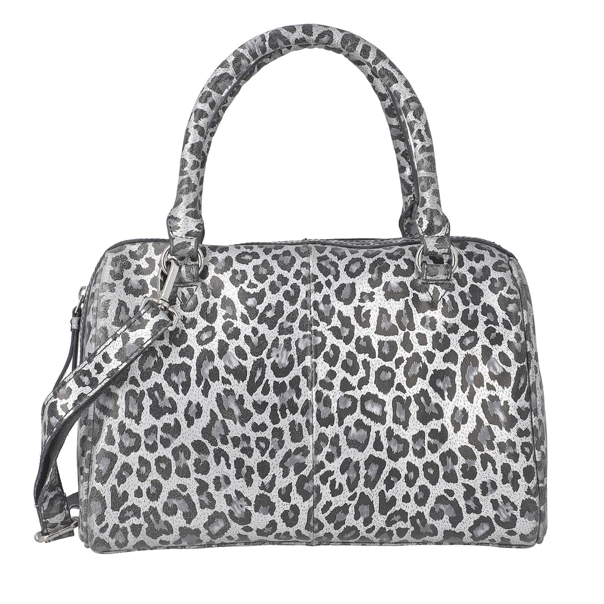 "Leopardskin Foiled Shoulder Bag SIZE: 11.4(L)x3.94(W)x9(H) Inches COLOR: Grey & Black" image number 0