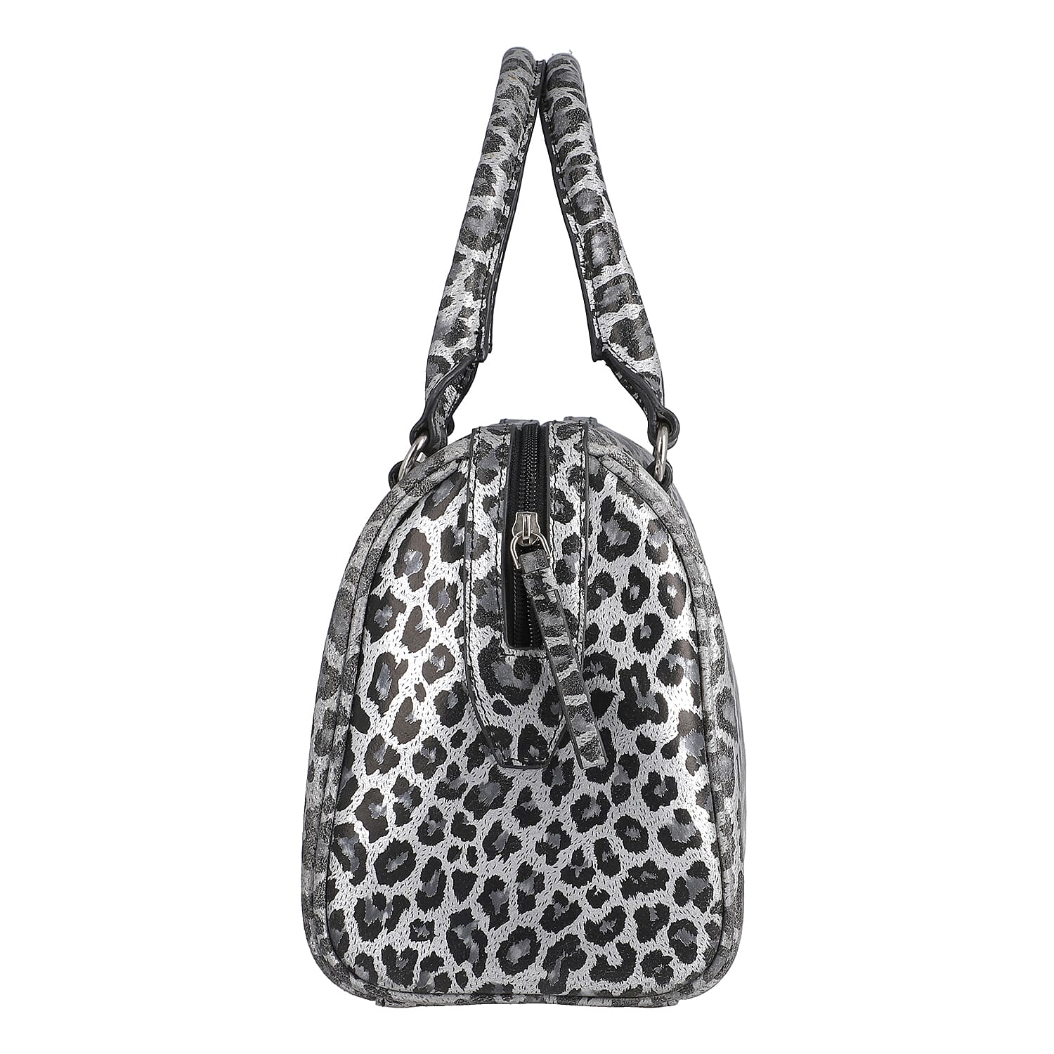 Gray and Black Leopard Foiled Pattern Genuine Leather Shoulder Bag with Adjustable Strap