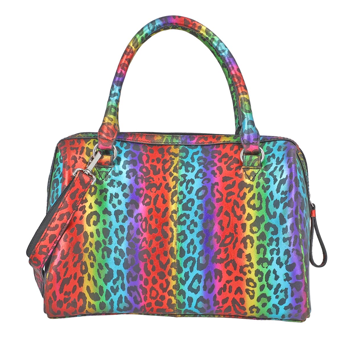 Multi Color Leopard Foiled Pattern Genuine Leather Shoulder Bag with Adjustable Strap image number 0