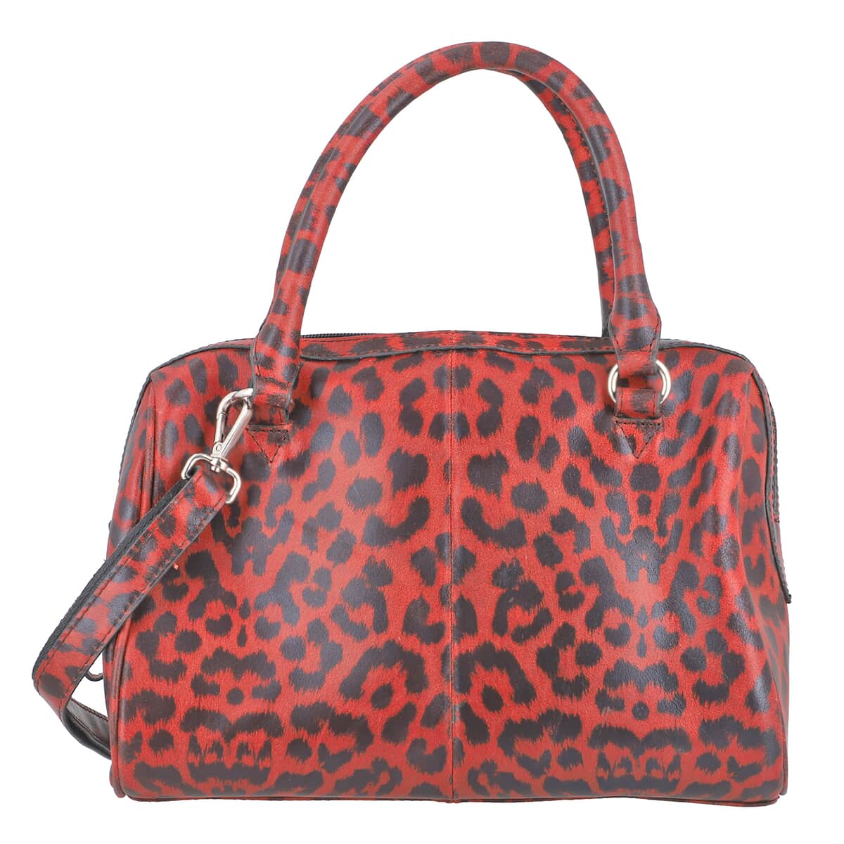 Red and Black Leopard Foiled Pattern Genuine Leather Shoulder Bag with Adjustable Strap image number 0